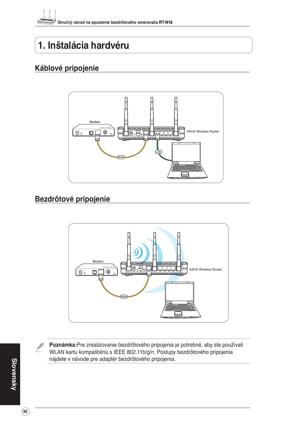 Inštalácia hardvéru, Káblové pripojenie bezdrôtové pripojenie | Asus RT-N16 User Manual | Page 100 / 123