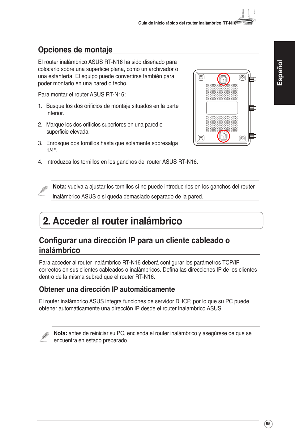 Acceder al router inalámbrico, Opciones de montaje, Obtener una dirección ip automáticamente | Asus RT-N16 User Manual | Page 105 / 123