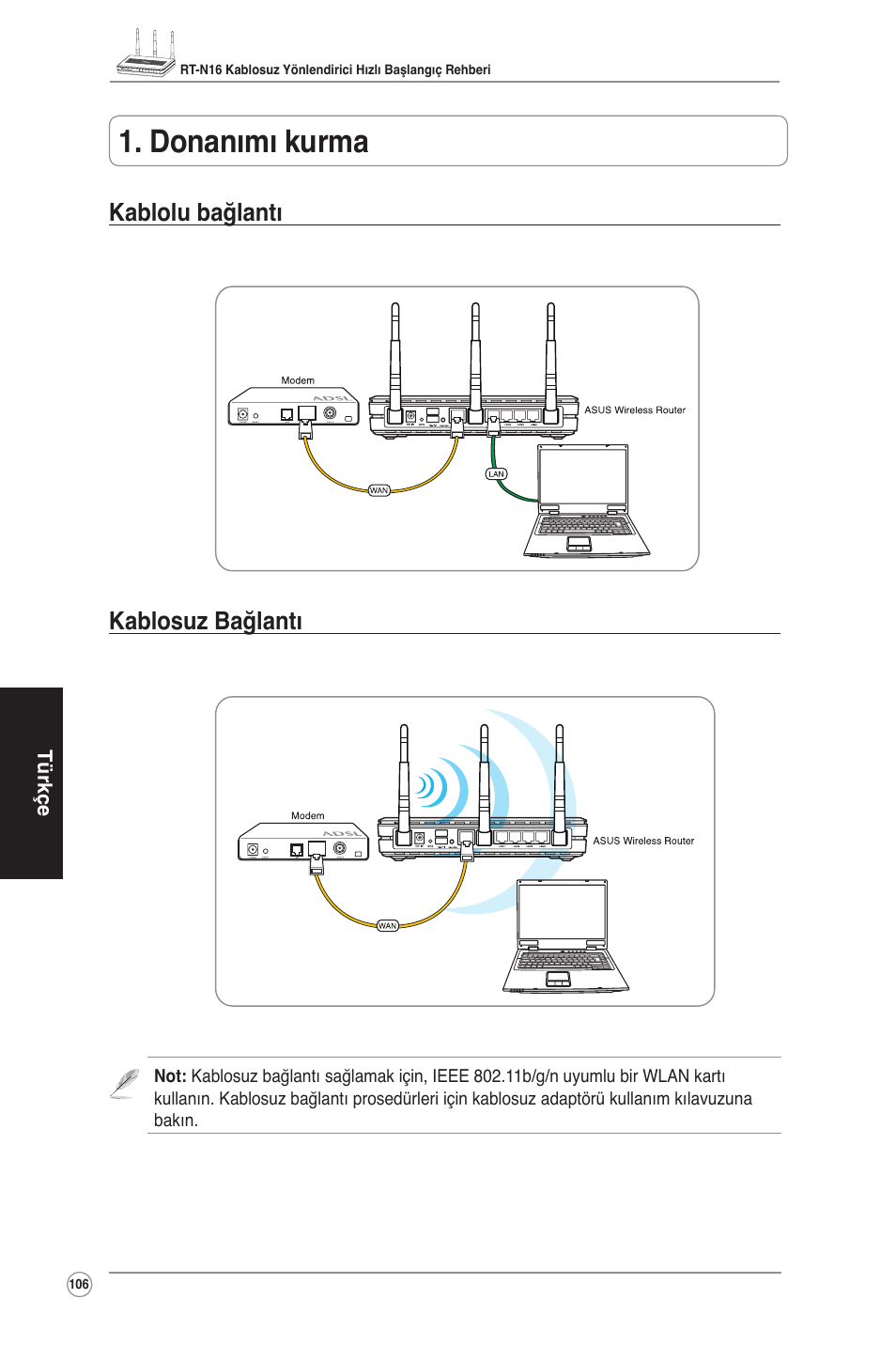 Donanımı kurma, Kablolu bağlantı kablosuz bağlantı | Asus RT-N16 User Manual | Page 116 / 123