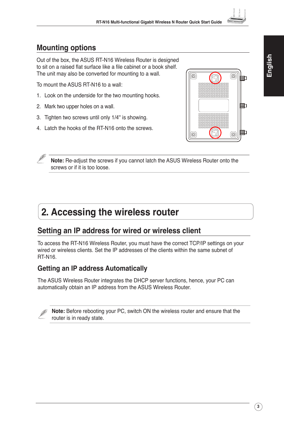 Accessing the wireless router, Mounting options, Setting an ip address for wired or wireless client | Getting an ip address automatically | Asus RT-N16 User Manual | Page 13 / 123