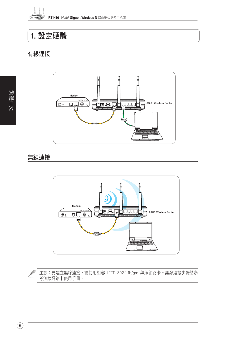 設定硬體, 有線連接 無線連接 | Asus RT-N16 User Manual | Page 16 / 123