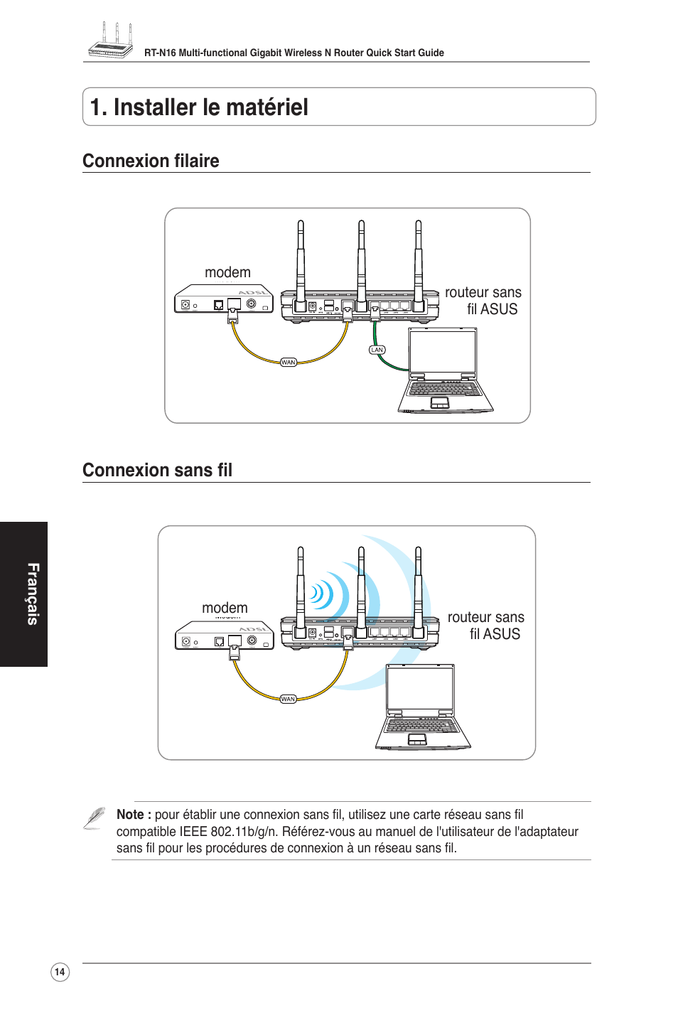 Installer le matériel, Connexion filaire connexion sans fil | Asus RT-N16 User Manual | Page 24 / 123