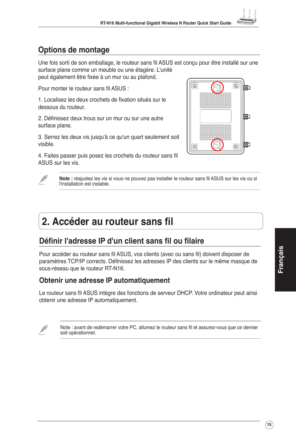 Accéder au routeur sans fil, Options de montage, Obtenir une adresse ip automatiquement | Asus RT-N16 User Manual | Page 25 / 123