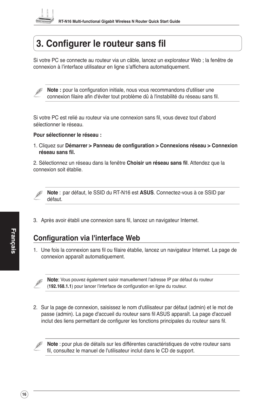 Configurer le routeur sans fil, Configuration via l'interface web | Asus RT-N16 User Manual | Page 26 / 123