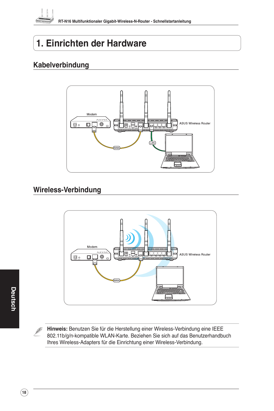 Einrichten der hardware, Kabelverbindung wireless-verbindung | Asus RT-N16 User Manual | Page 28 / 123