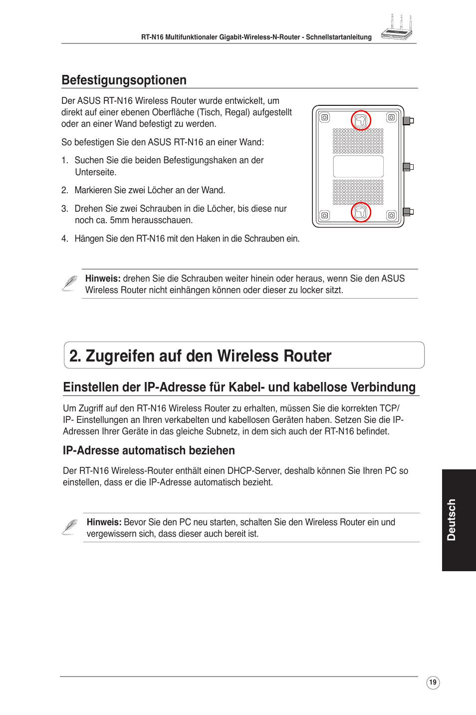 Zugreifen auf den wireless router, Befestigungsoptionen, Ip-adresse automatisch beziehen | Asus RT-N16 User Manual | Page 29 / 123