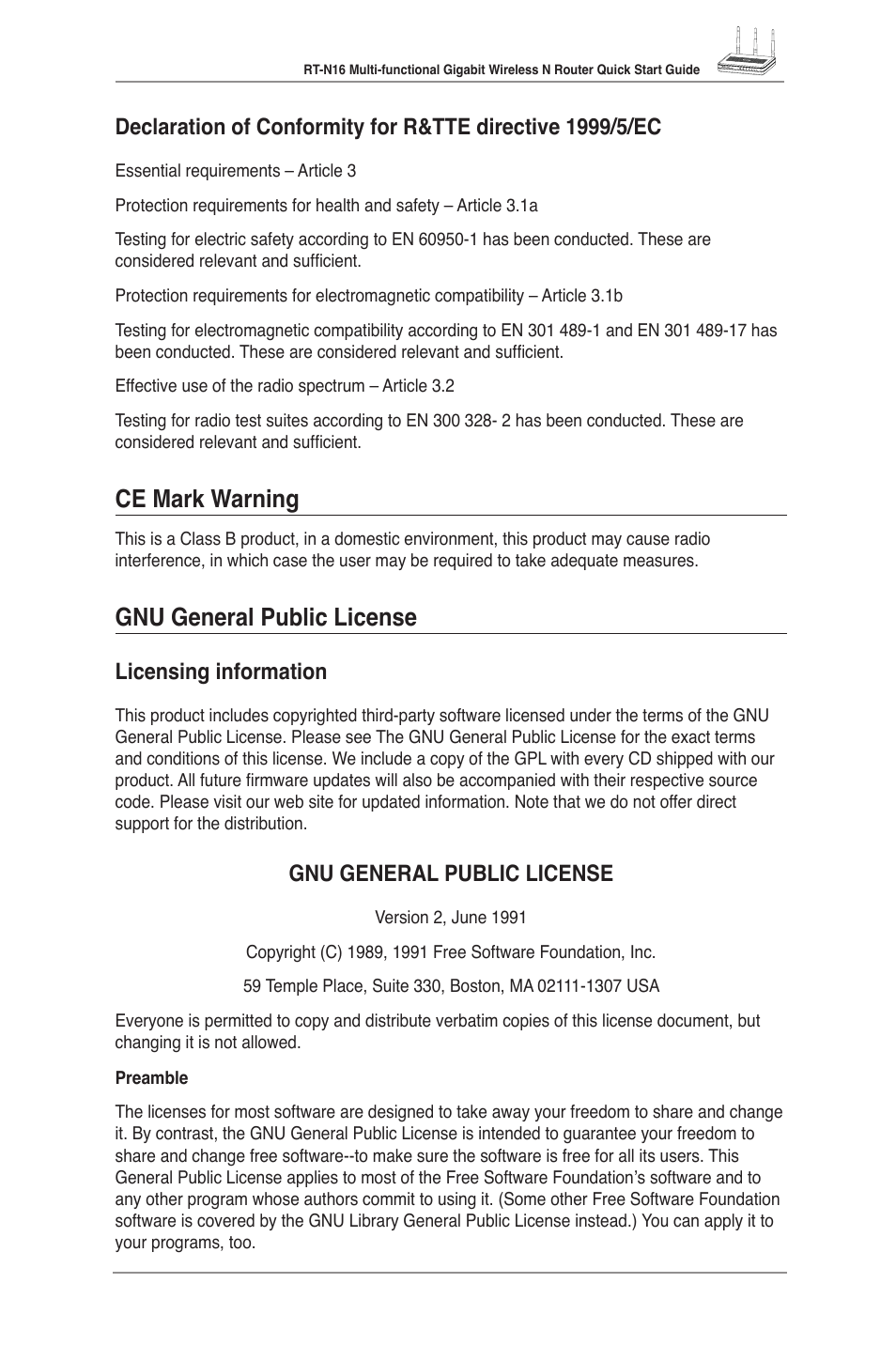 Ce mark warning, Gnu general public license, Licensing information | Asus RT-N16 User Manual | Page 3 / 123