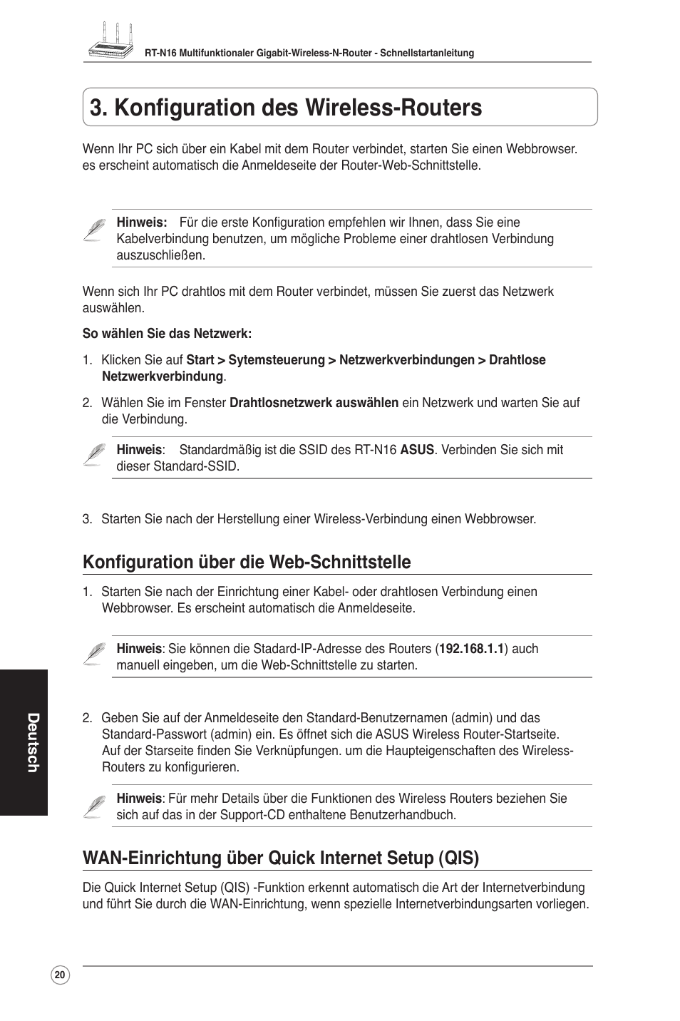 Konfiguration des wireless-routers, Konfiguration über die web-schnittstelle, Wan-einrichtung über quick internet setup (qis) | Asus RT-N16 User Manual | Page 30 / 123