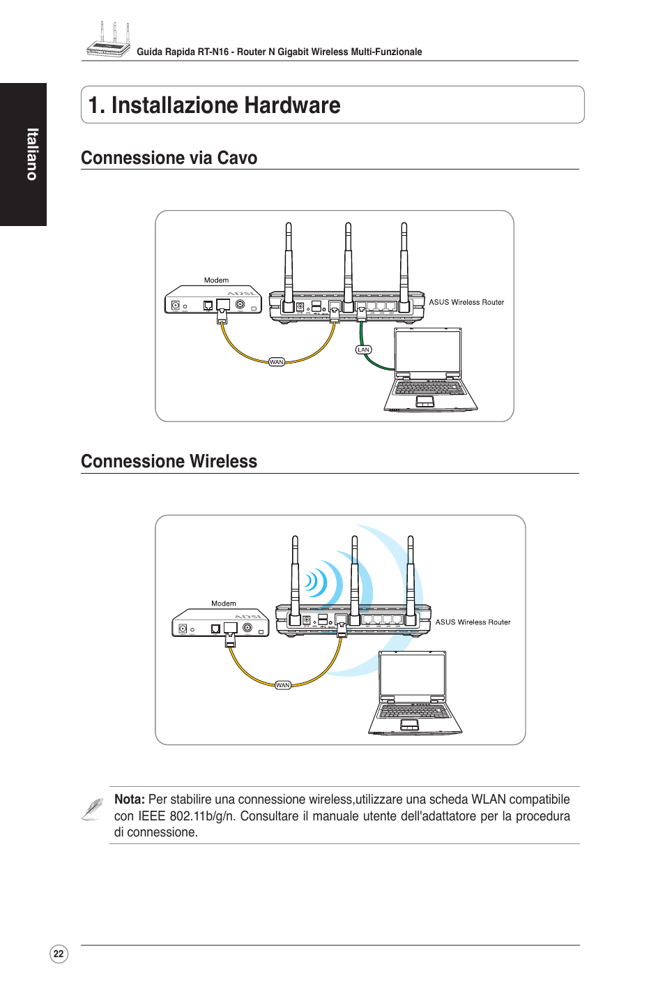 Installazione hardware, Connessione via cavo connessione wireless | Asus RT-N16 User Manual | Page 32 / 123