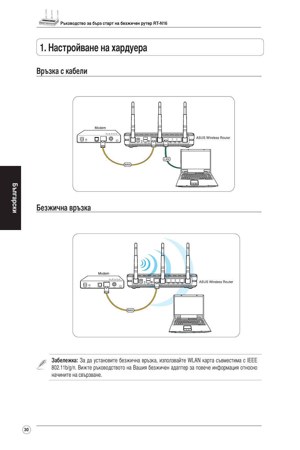 Настройване на хардуера, Връзка с кабели безжична връзка | Asus RT-N16 User Manual | Page 40 / 123