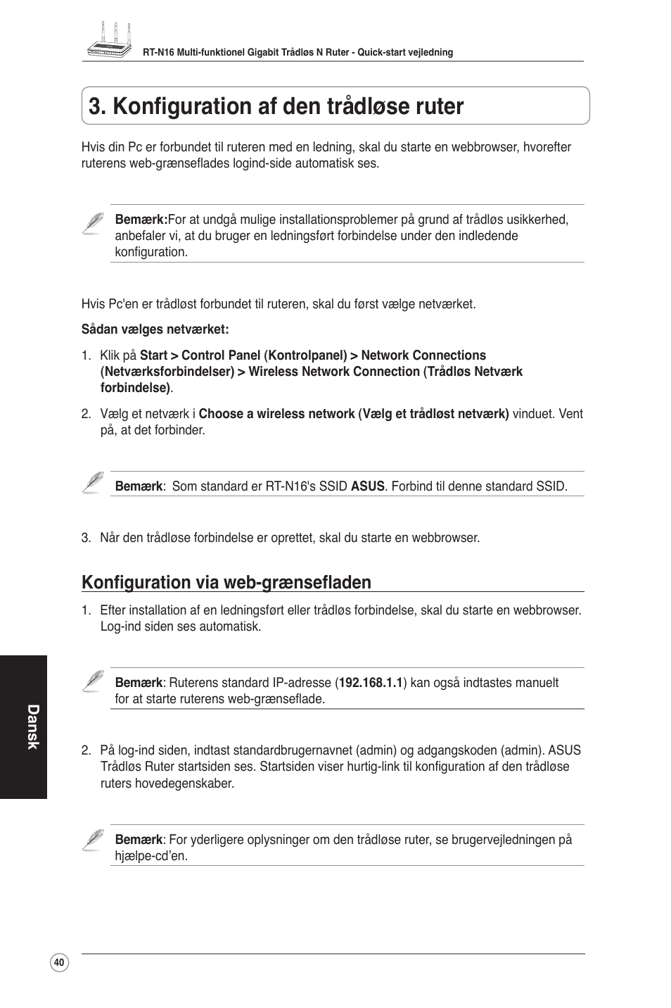 Konfiguration af den trådløse ruter, Konfiguration via web-grænsefladen | Asus RT-N16 User Manual | Page 50 / 123