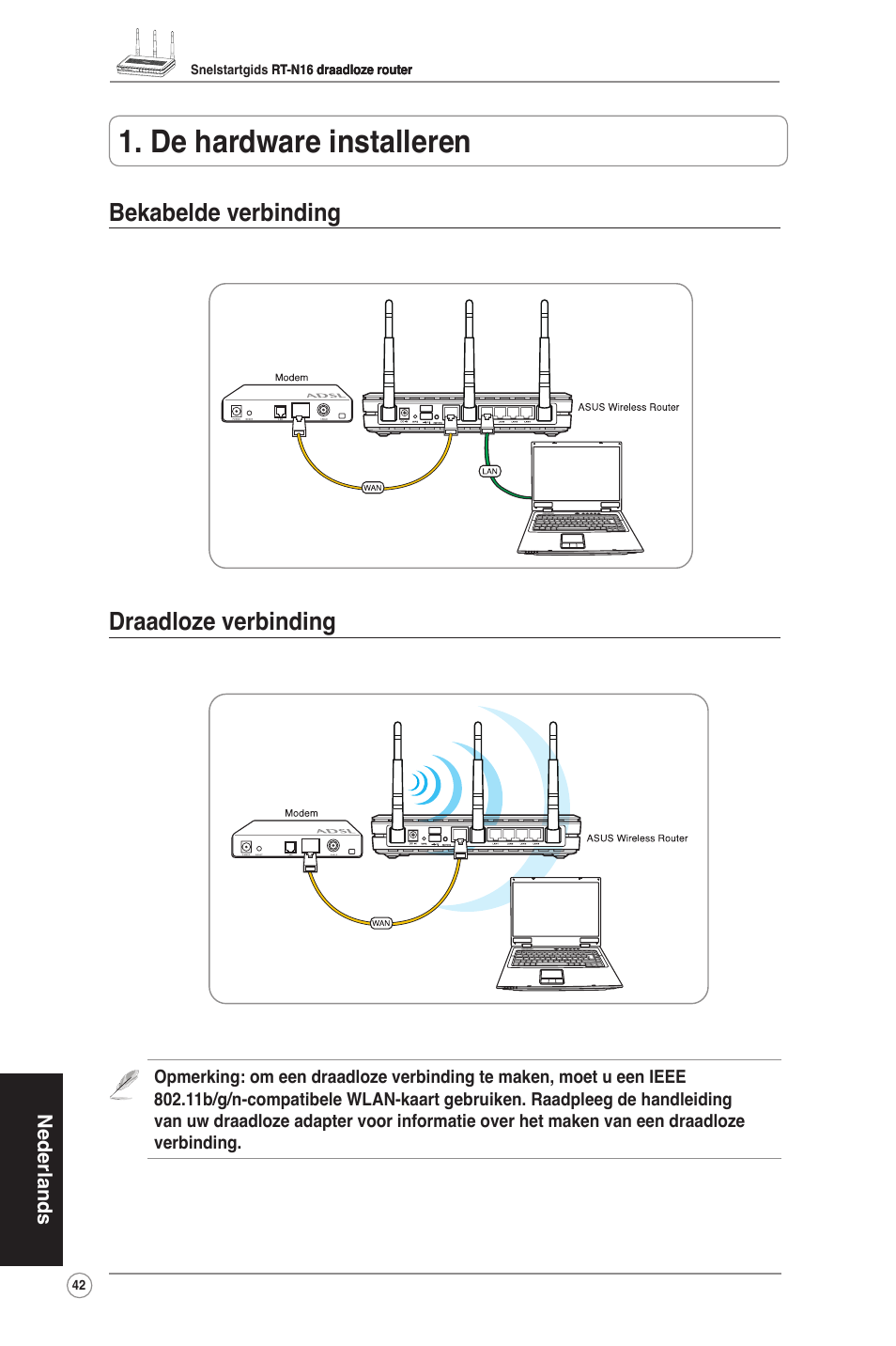 De hardware installeren, Bekabelde verbinding draadloze verbinding | Asus RT-N16 User Manual | Page 52 / 123