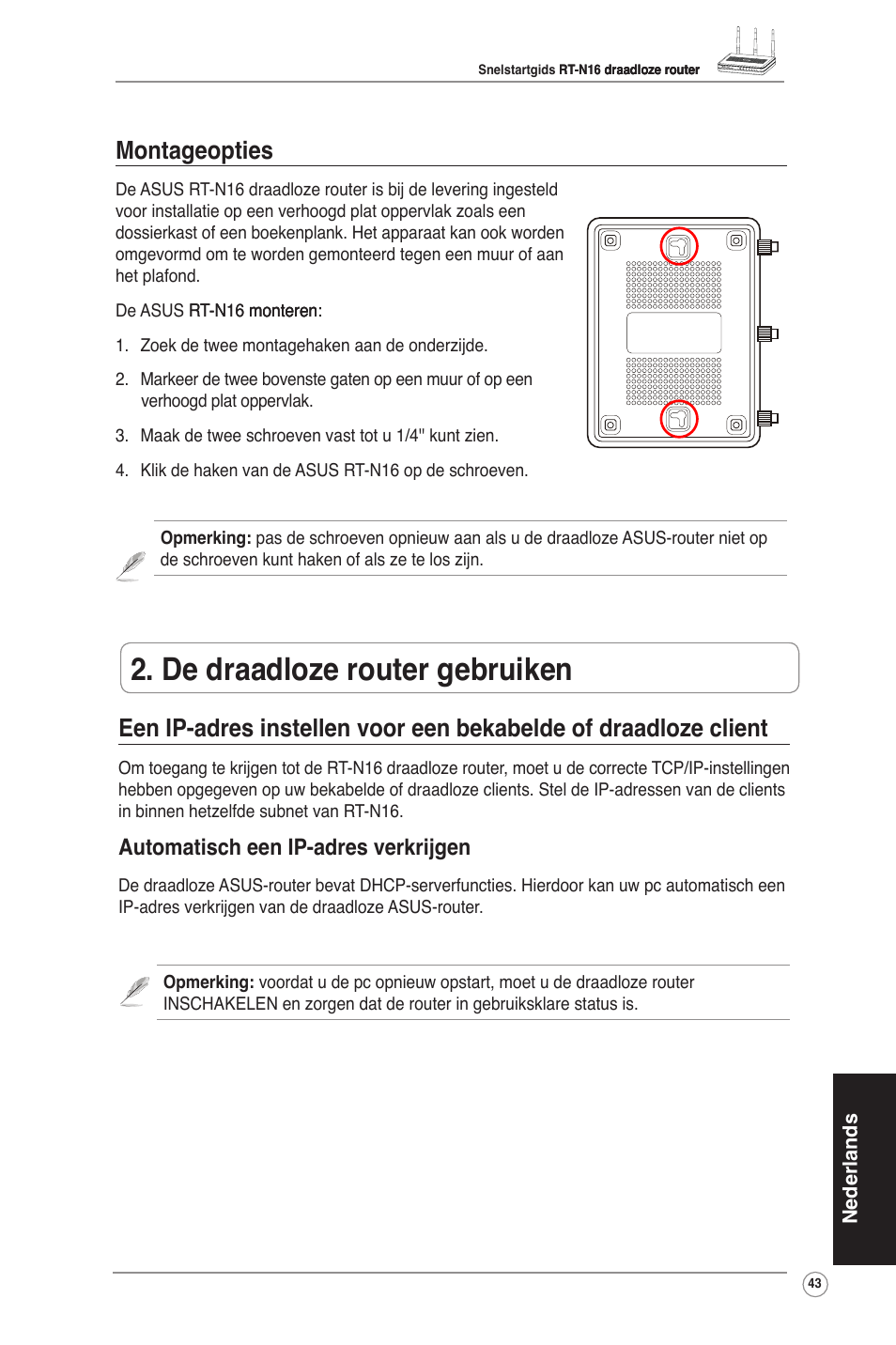 De draadloze router gebruiken, Montageopties, Automatisch een ip-adres verkrijgen | Asus RT-N16 User Manual | Page 53 / 123