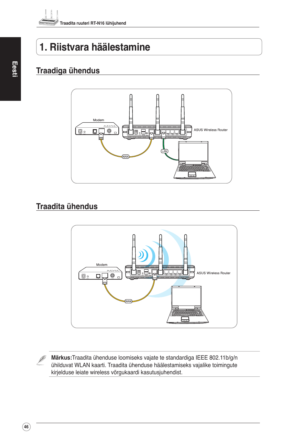 Riistvara häälestamine, Traadiga ühendus traadita ühendus | Asus RT-N16 User Manual | Page 56 / 123
