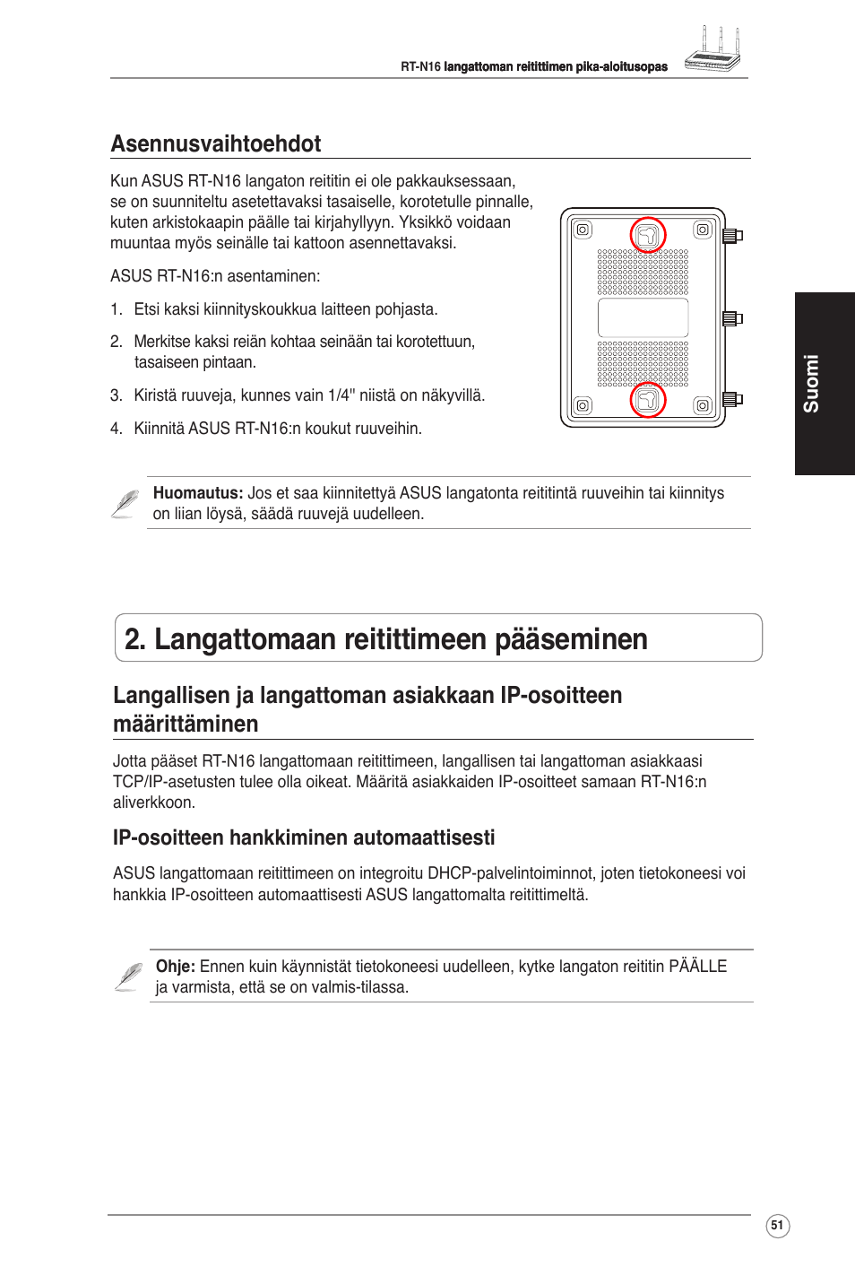 Langattomaan reitittimeen pääseminen, Asennusvaihtoehdot, Ip-osoitteen hankkiminen automaattisesti | Asus RT-N16 User Manual | Page 61 / 123