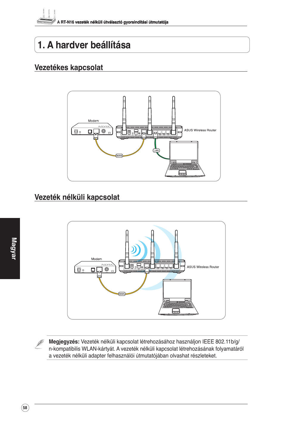 A hardver beállítása, Vezetékes kapcsolat vezeték nélküli kapcsolat | Asus RT-N16 User Manual | Page 68 / 123