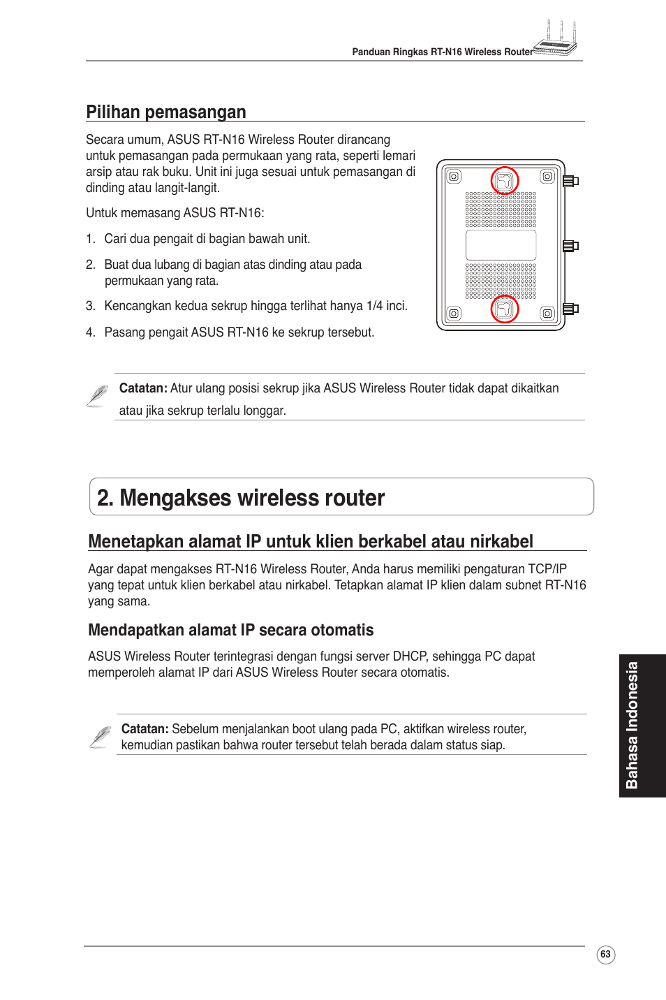 Mengakses wireless router, Pilihan pemasangan, Mendapatkan alamat ip secara otomatis | Asus RT-N16 User Manual | Page 73 / 123