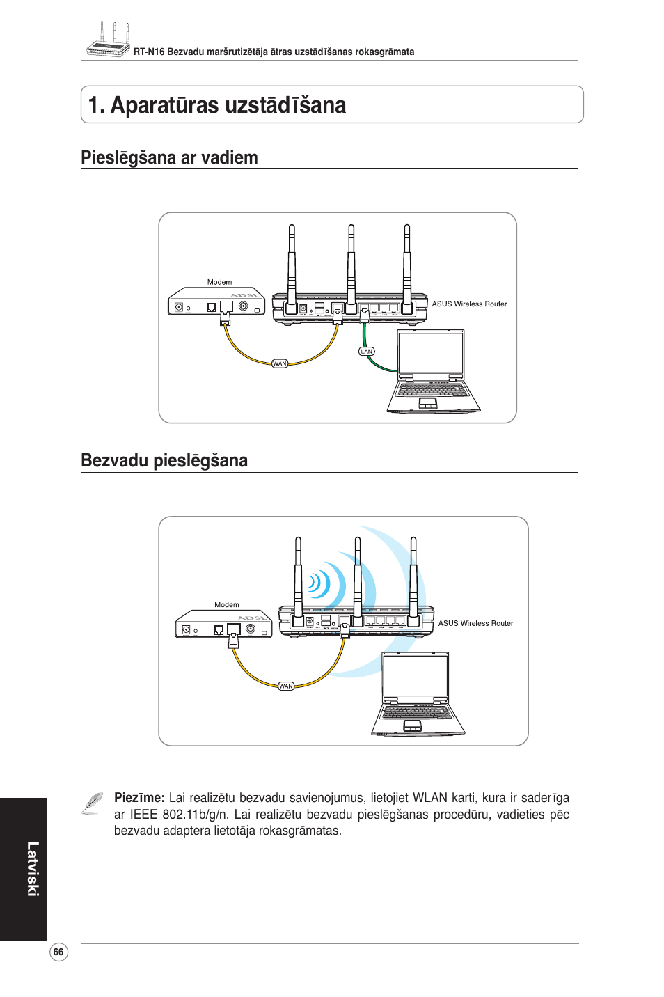 Aparatūras uzstādīšana, Pieslēgšana ar vadiem bezvadu pieslēgšana | Asus RT-N16 User Manual | Page 76 / 123