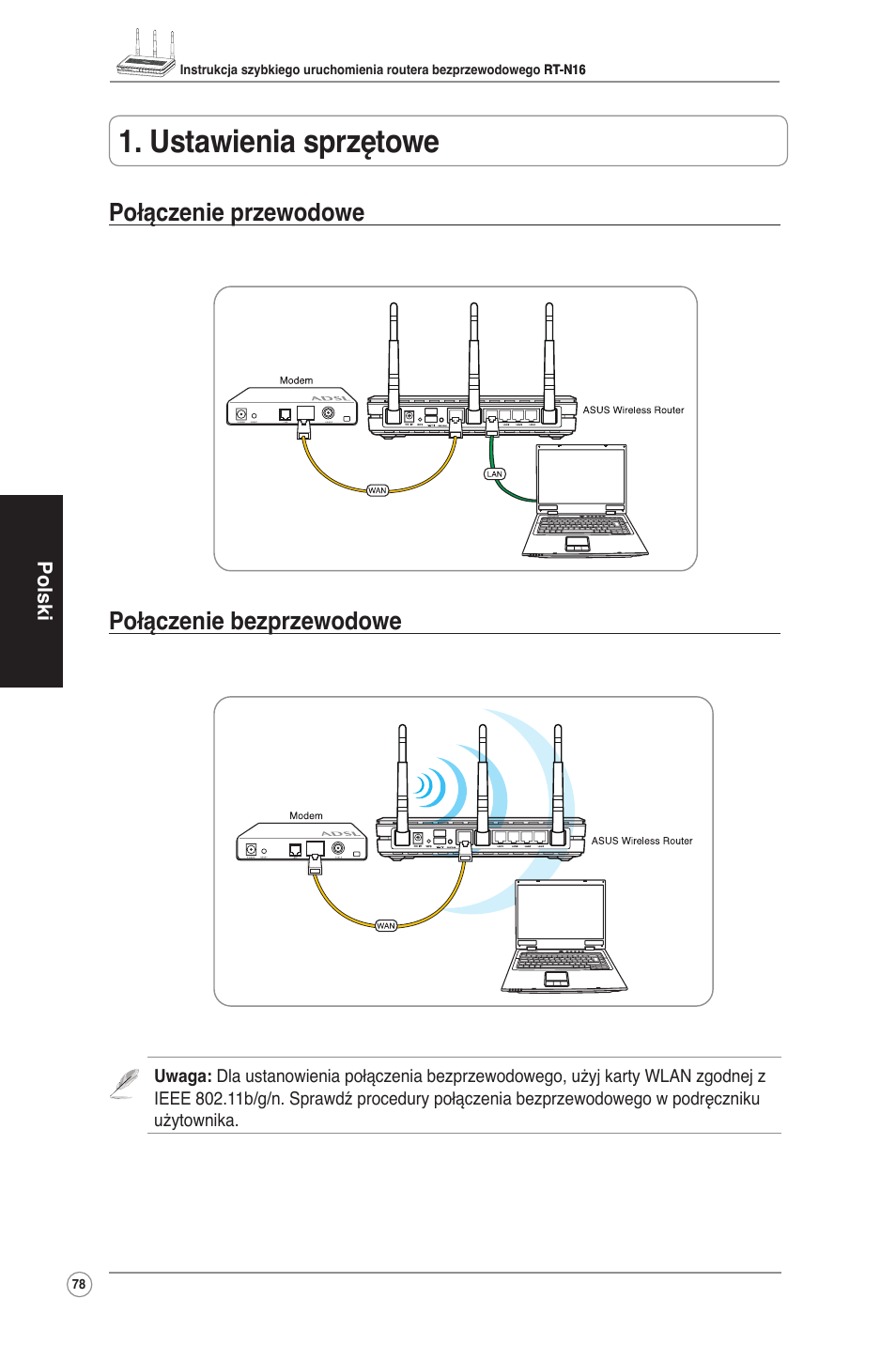 Ustawienia sprzętowe, Połączenie przewodowe połączenie bezprzewodowe | Asus RT-N16 User Manual | Page 88 / 123