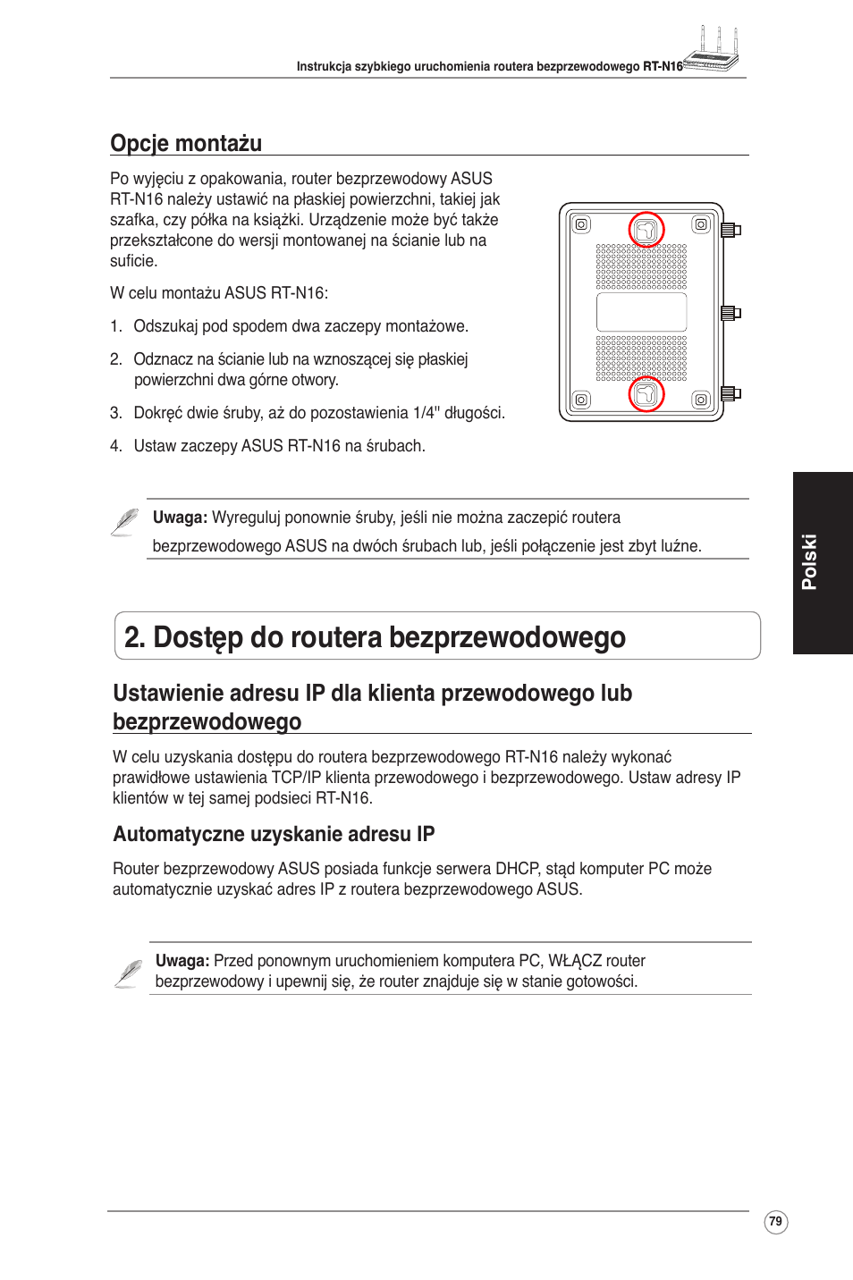 Dostęp do routera bezprzewodowego, Opcje montażu, Automatyczne uzyskanie adresu ip | Asus RT-N16 User Manual | Page 89 / 123