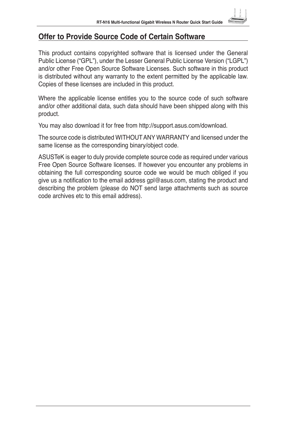Offer to provide source code of certain software | Asus RT-N16 User Manual | Page 9 / 123