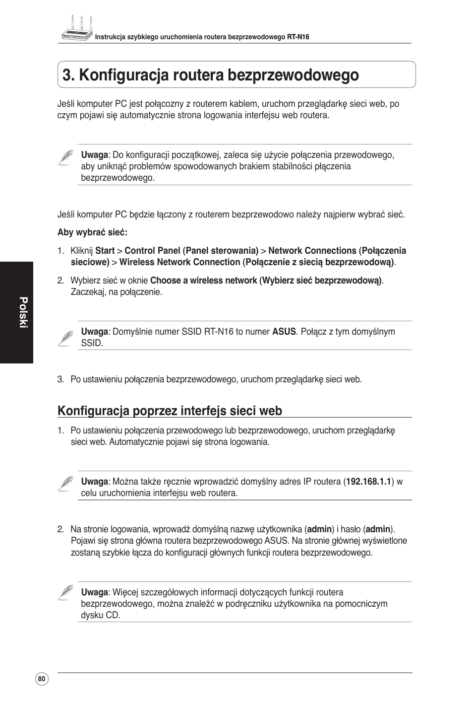 Konfiguracja routera bezprzewodowego, Konfiguracja poprzez interfejs sieci web | Asus RT-N16 User Manual | Page 90 / 123