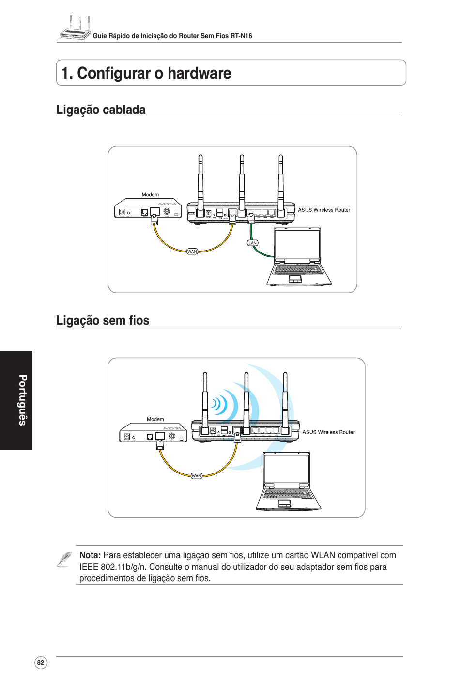 Configurar o hardware, Ligação cablada ligação sem fios | Asus RT-N16 User Manual | Page 92 / 123
