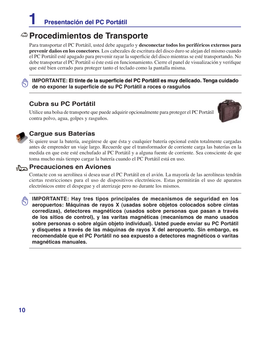 Procedimientos de transporte | Asus Z84J User Manual | Page 10 / 72