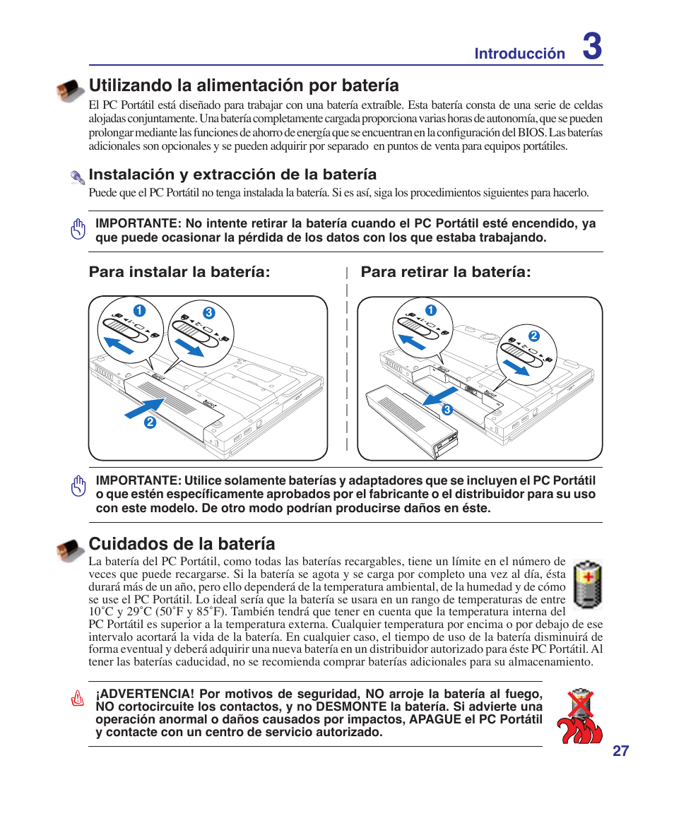 Utilizando la alimentación por batería, Cuidados de la batería, 27 introducción | Instalación y extracción de la batería, Para instalar la batería: para retirar la batería | Asus Z84J User Manual | Page 27 / 72