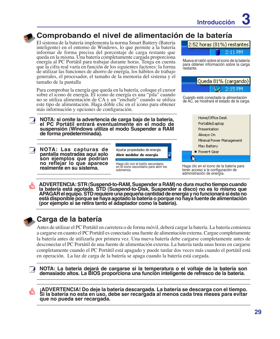 Carga de la batería, Comprobando el nivel de alimentación de la batería, 29 introducción | Asus Z84J User Manual | Page 29 / 72