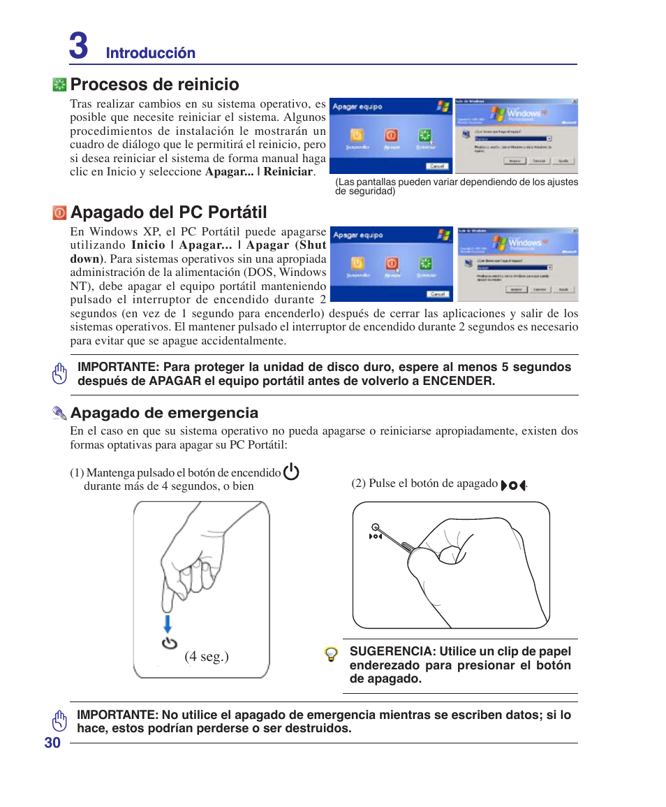 Procesos de reinicio, Apagado del pc portátil | Asus Z84J User Manual | Page 30 / 72
