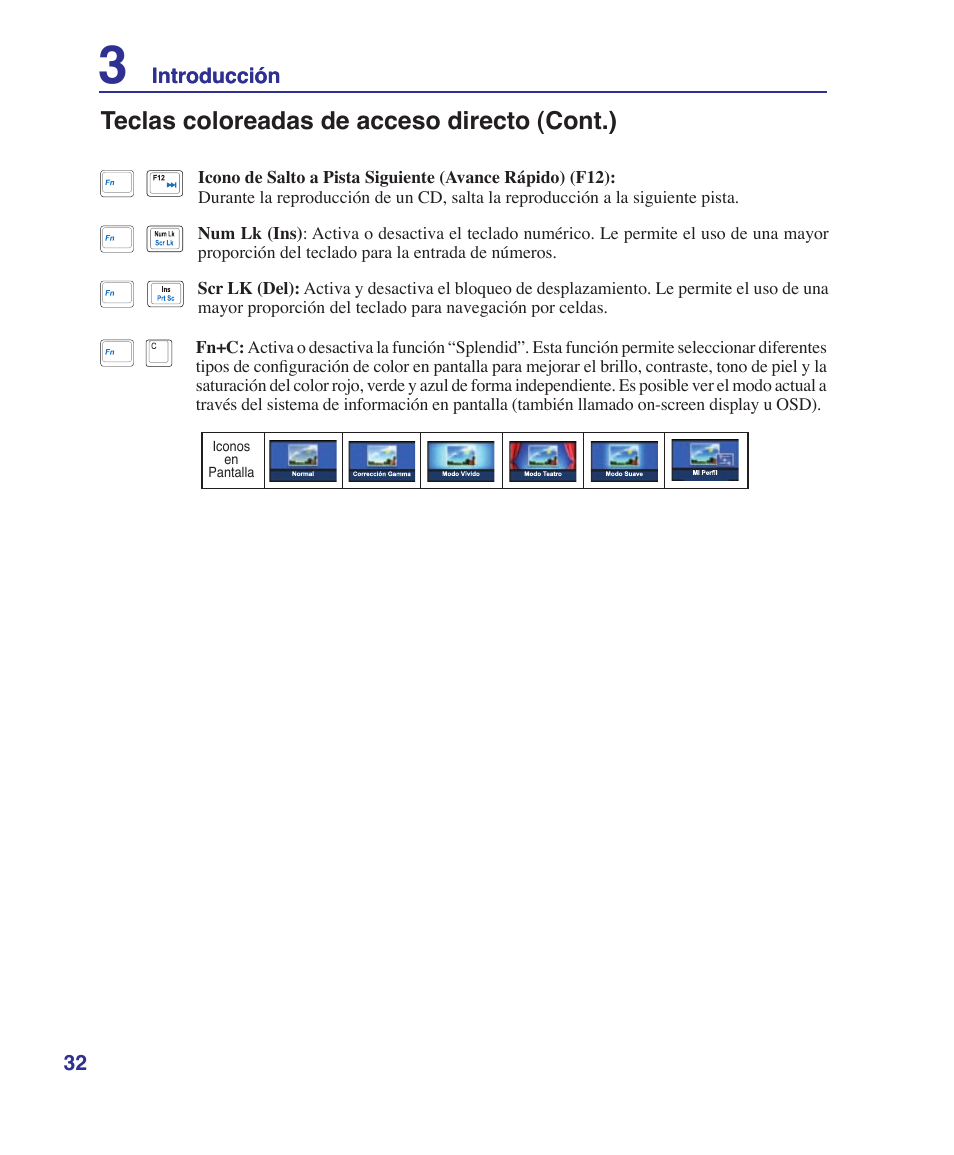 Teclas coloreadas de acceso directo (cont.) | Asus Z84J User Manual | Page 32 / 72
