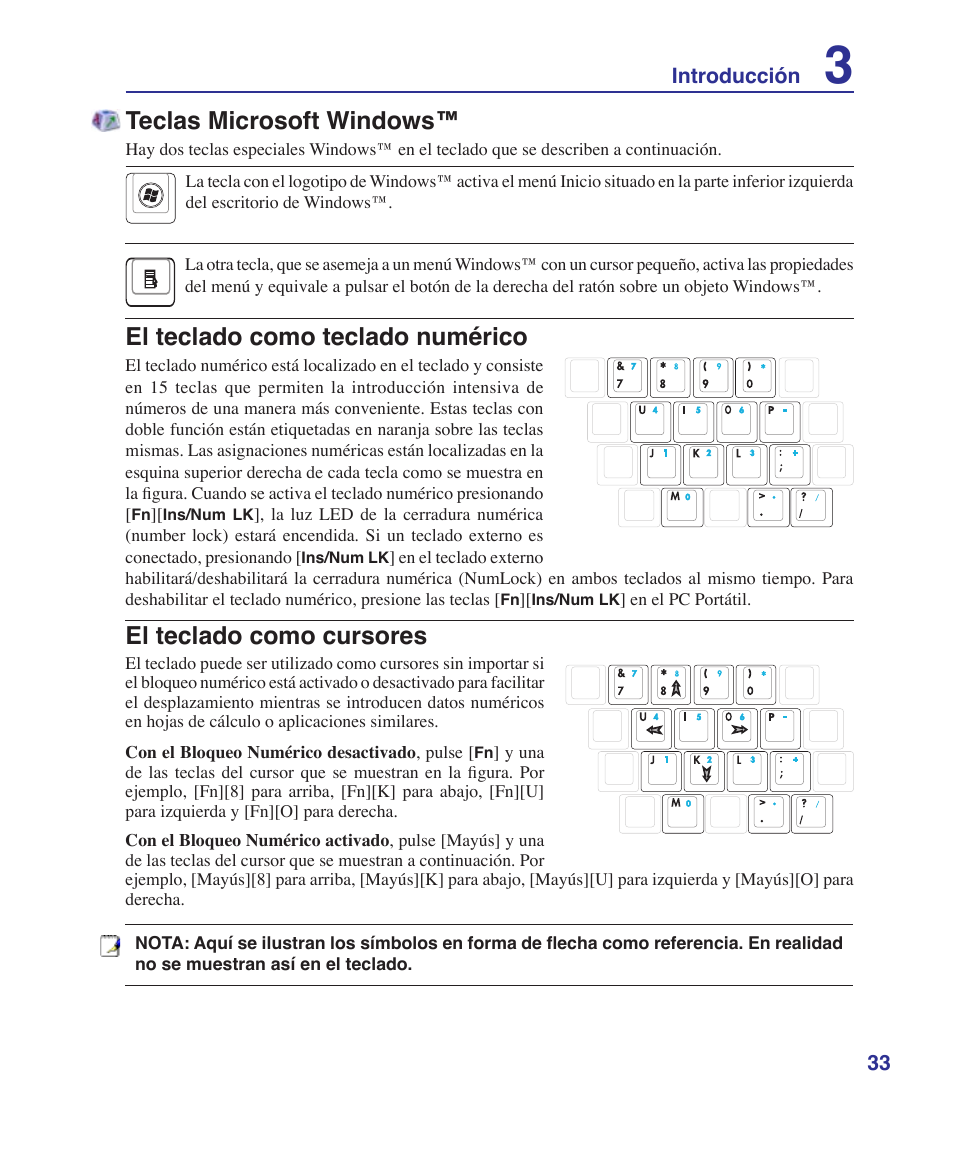 Teclas microsoft windows, El teclado como teclado numérico, El teclado como cursores | Asus Z84J User Manual | Page 33 / 72