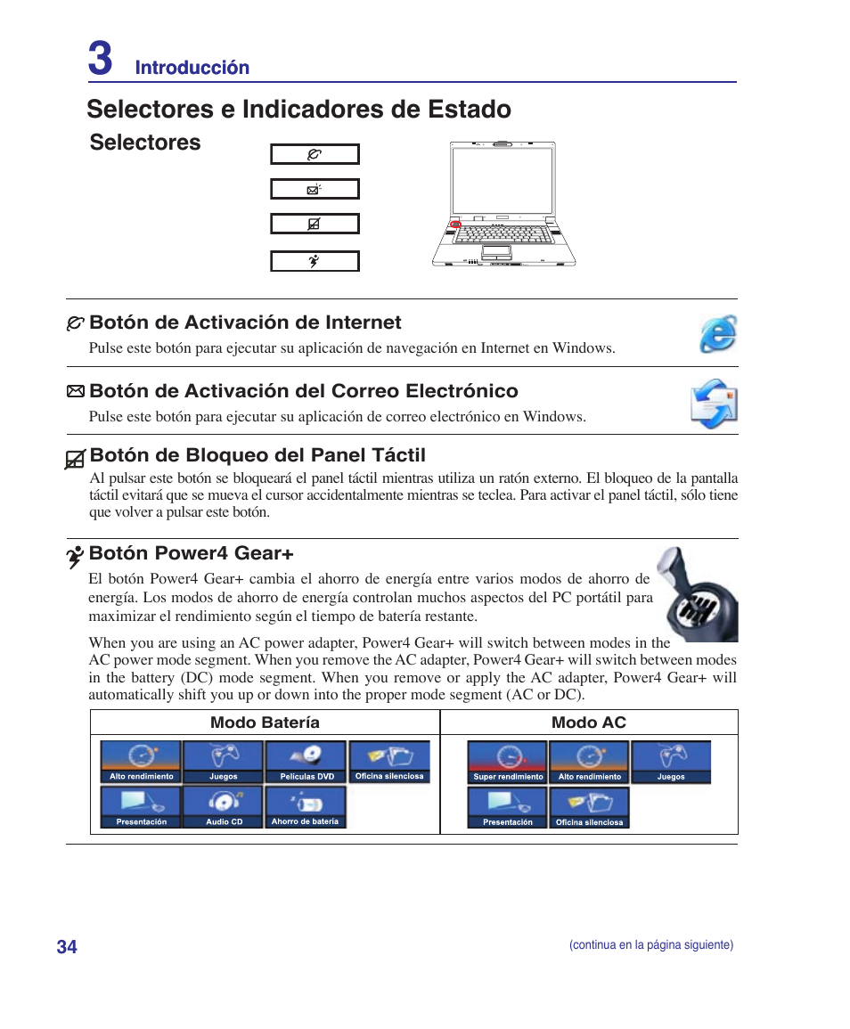 Selectores e indicadores de estado, Selectores | Asus Z84J User Manual | Page 34 / 72