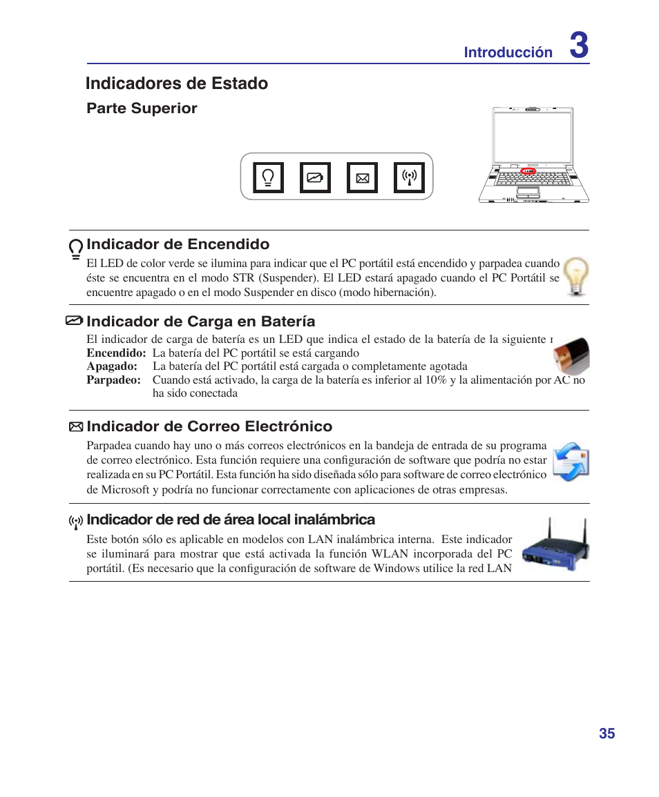 Indicadores de estado | Asus Z84J User Manual | Page 35 / 72