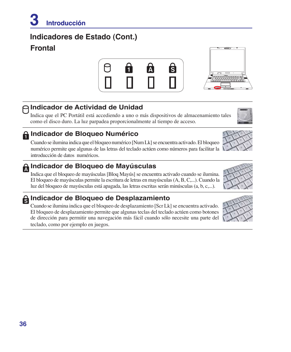 Indicadores de estado (cont.) frontal | Asus Z84J User Manual | Page 36 / 72