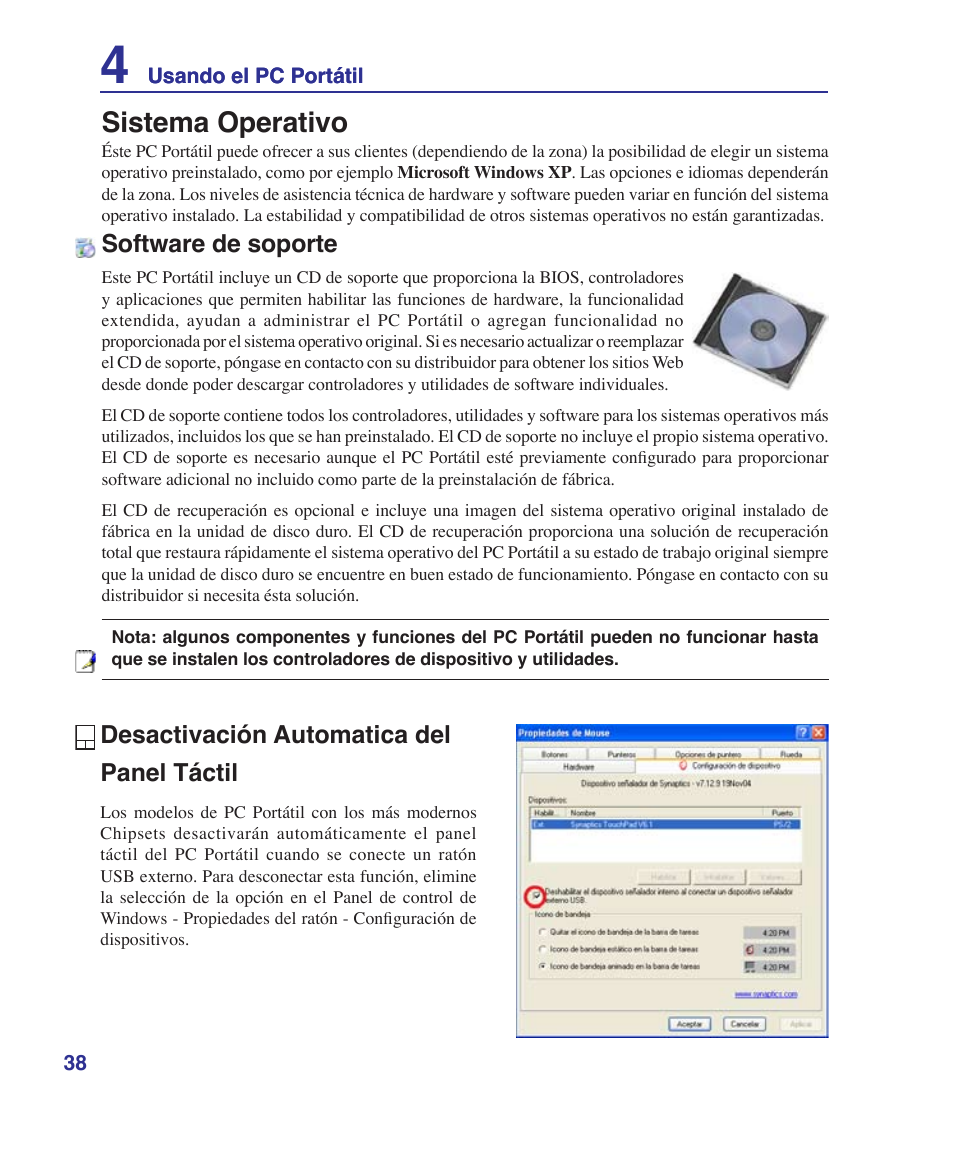 Sistema operativo, Software de soporte, Desactivación automatica del panel táctil | Asus Z84J User Manual | Page 38 / 72