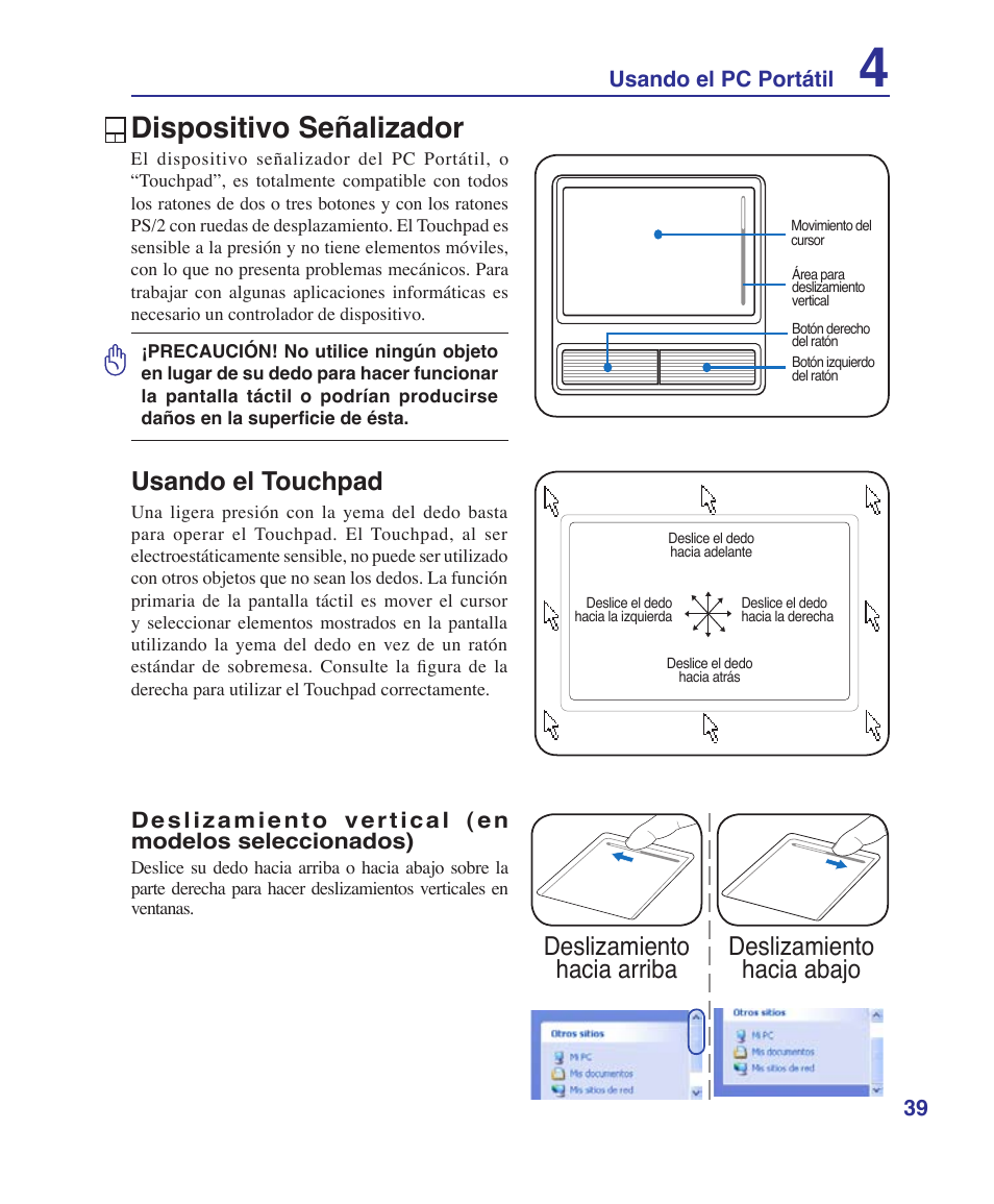 Dispositivo señalizador, Usando el touchpad | Asus Z84J User Manual | Page 39 / 72