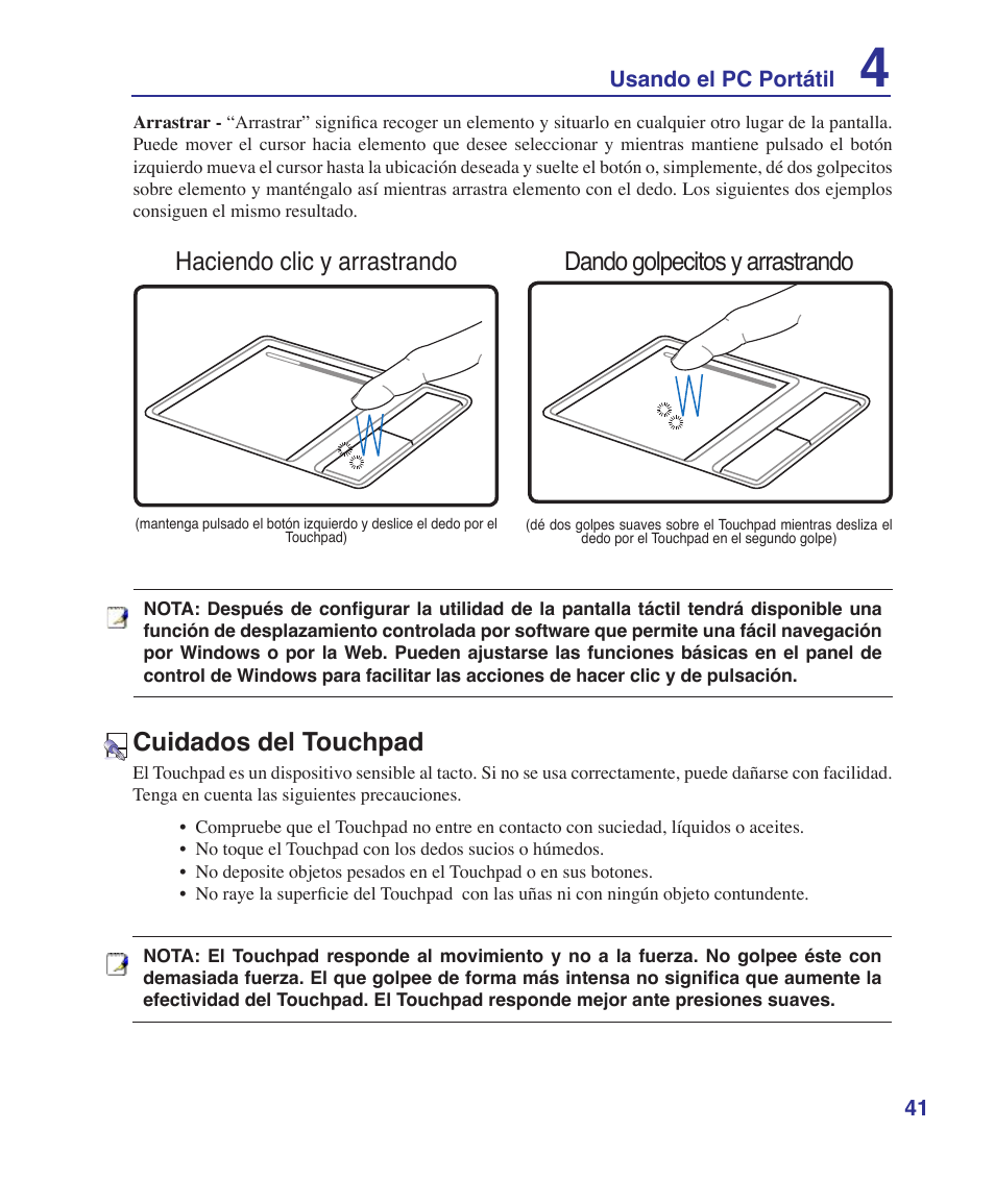 Cuidados del touchpad | Asus Z84J User Manual | Page 41 / 72