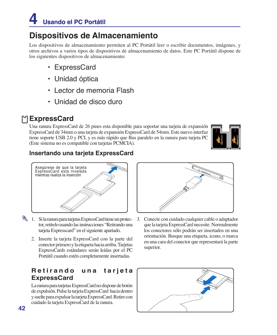 Dispositivos de almacenamiento, Expresscard | Asus Z84J User Manual | Page 42 / 72