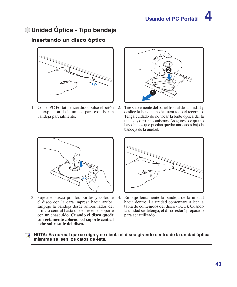 Unidad óptica - tipo bandeja | Asus Z84J User Manual | Page 43 / 72