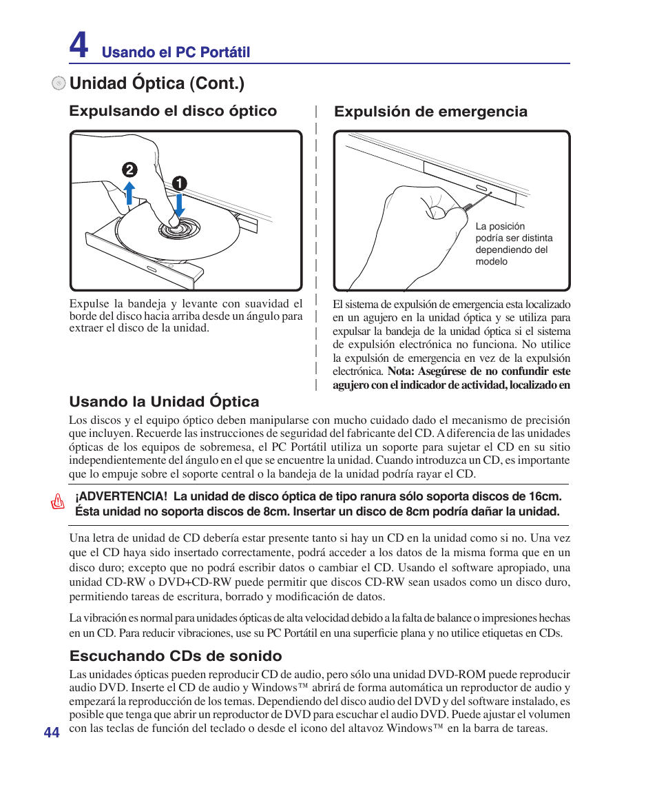 Unidad óptica (cont.) | Asus Z84J User Manual | Page 44 / 72