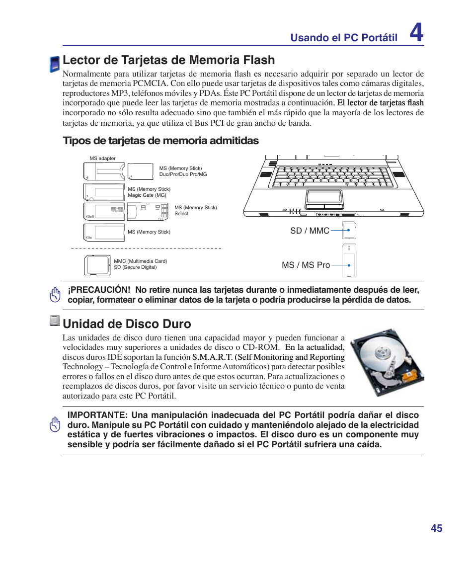 Lector de tarjetas de memoria flash, Unidad de disco duro, 5 usando el pc portátil | Asus Z84J User Manual | Page 45 / 72