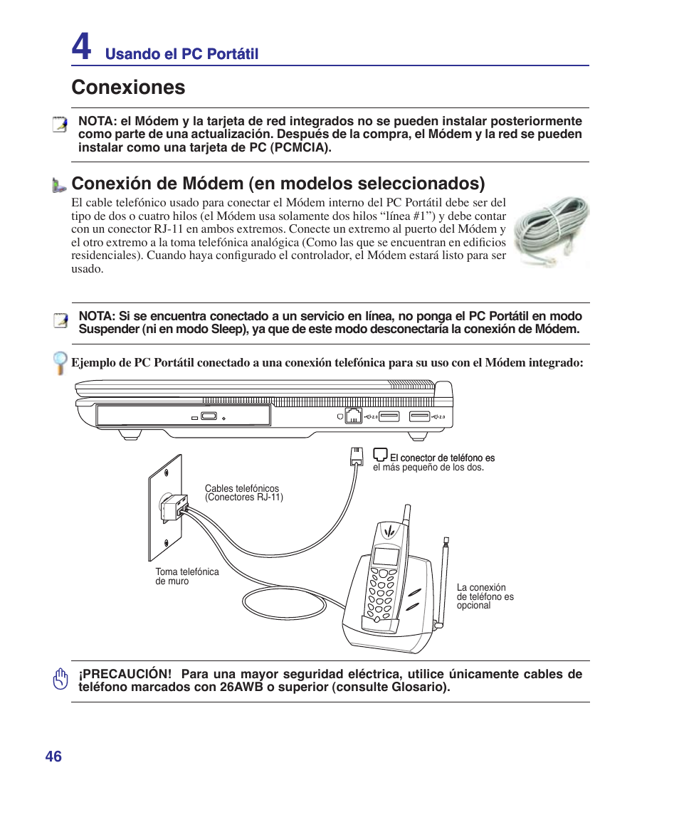 Conexiones, Conexión de módem (en modelos seleccionados) | Asus Z84J User Manual | Page 46 / 72