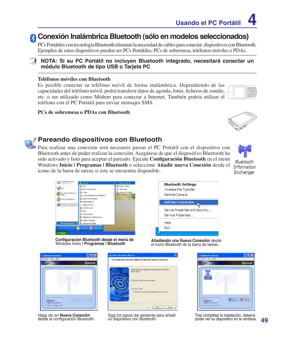 9 usando el pc portátil, Pareando dispositivos con bluetooth | Asus Z84J User Manual | Page 49 / 72