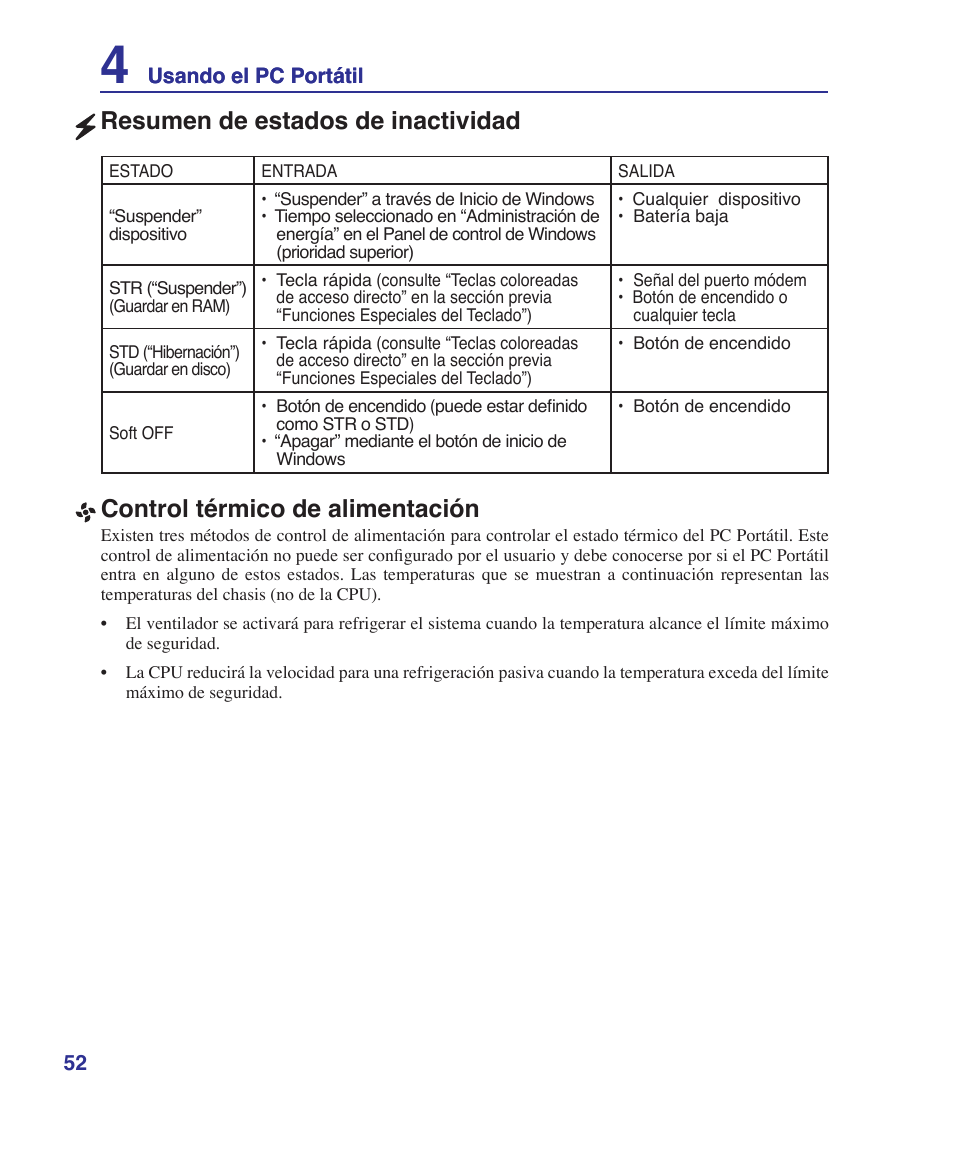 Resumen de estados de inactividad | Asus Z84J User Manual | Page 52 / 72