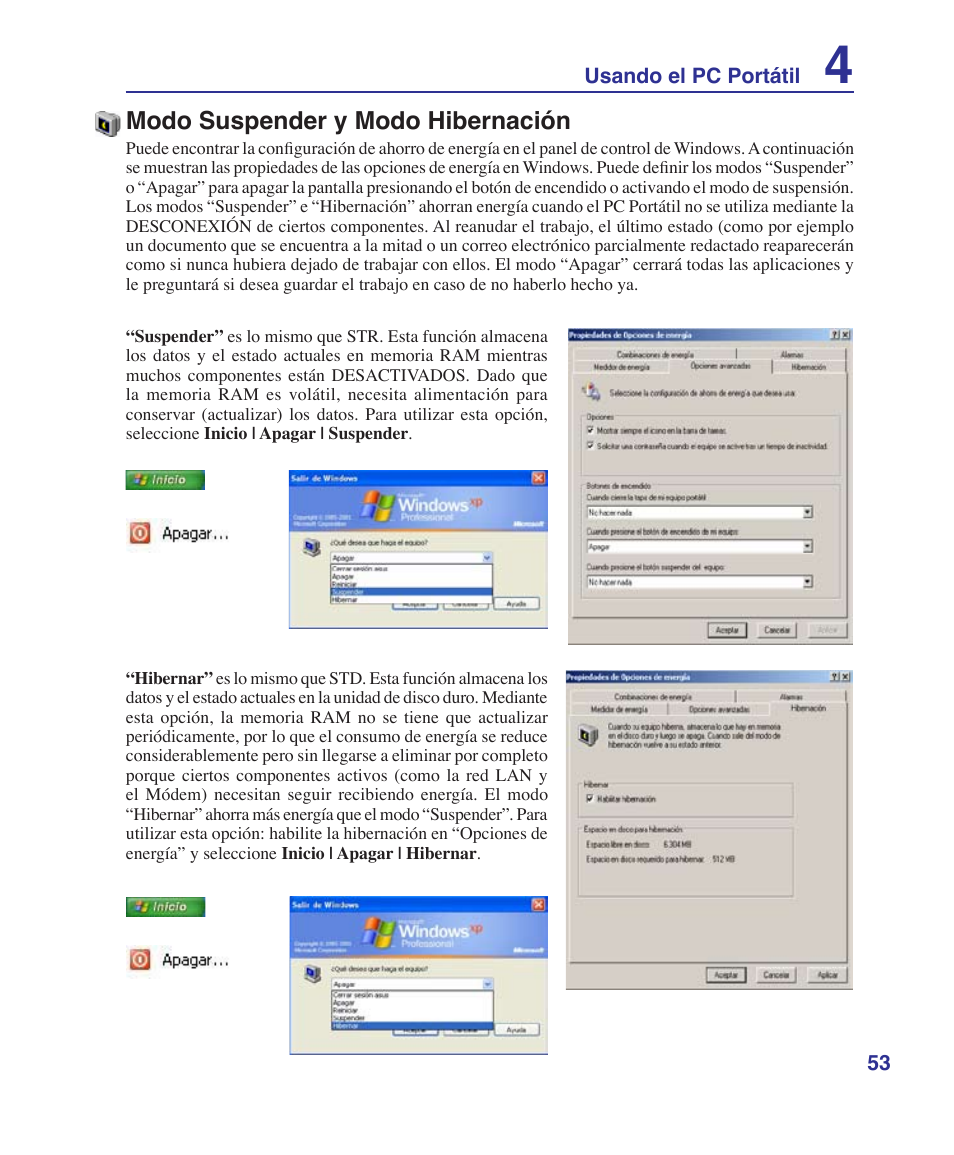 Modo suspender y modo hibernación | Asus Z84J User Manual | Page 53 / 72