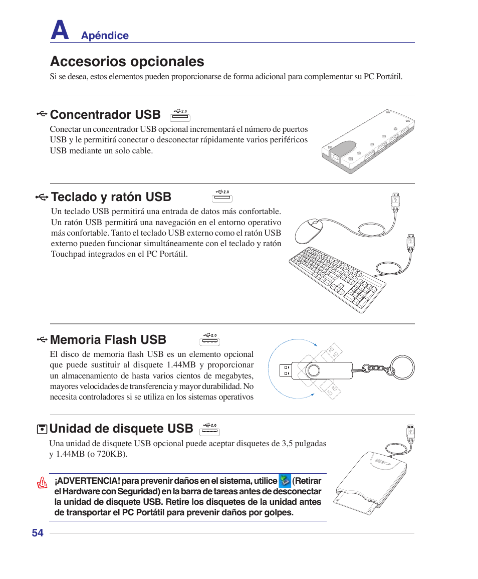 Accesorios opcionales, Concentrador usb, Teclado y ratón usb | Unidad de disquete usb | Asus Z84J User Manual | Page 56 / 72