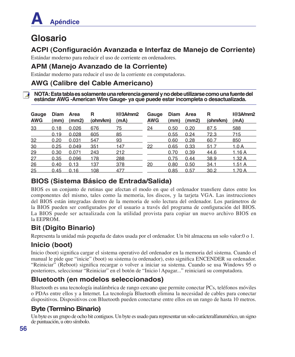 Glosario, Apéndice, Apm (manejo avanzado de la corriente) | Awg (calibre del cable americano), Bios (sistema básico de entrada/salida), Bit (digito binario), Inicio (boot), Bluetooth (en modelos seleccionados), Byte (termino binario) | Asus Z84J User Manual | Page 58 / 72