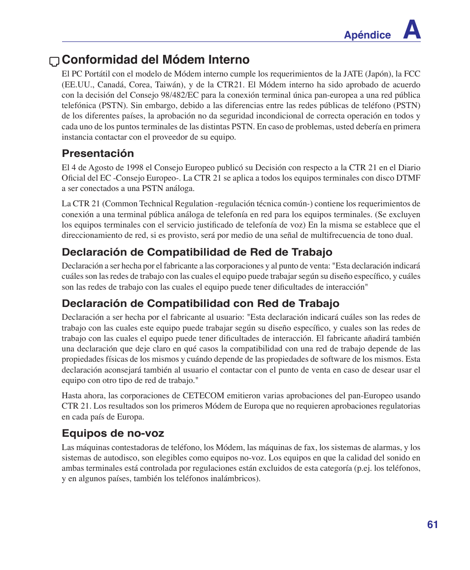 Conformidad del módem interno | Asus Z84J User Manual | Page 63 / 72